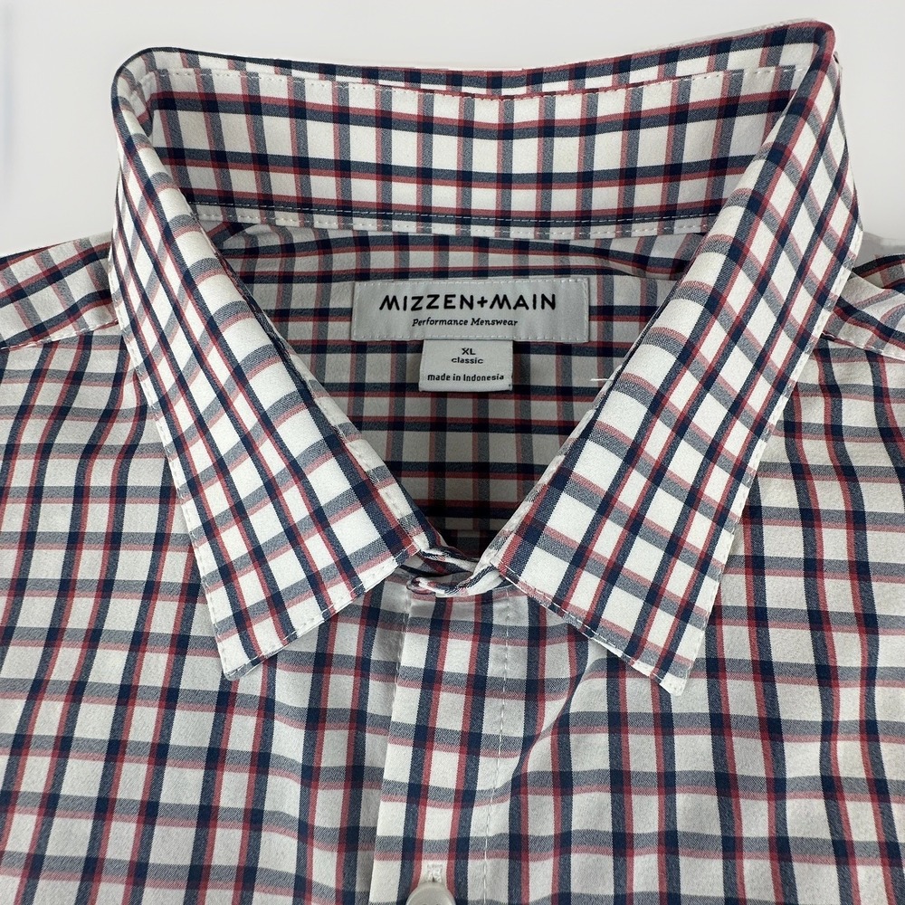 Mizzen+Main Men's XL Classic Fit Performance Dress Shirt Plaid Red Blue Stretch